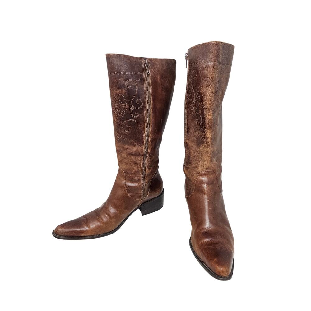Vintage Matisse 8 Brown Leather Stitched Boot Western Boho Zip Up Flower - Picture 6 of 9